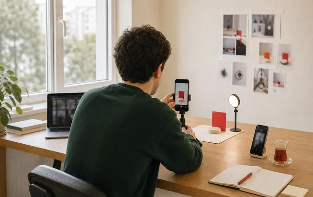 Kreatif üretimi temsil eden sahne: tripoddaki telefonla dikey video çekimi